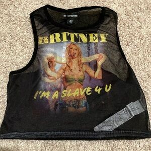 Britney Spears Mesh Graphic Crop Tank Top - Black with Yellow Print